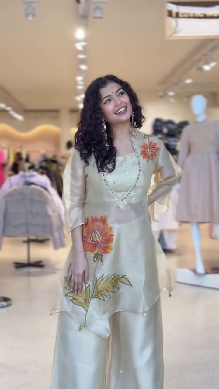 Champagne Shimmer Hand-Painted Floral Kurta & Palazzo Set — Artful Elegance with a Festive Glow