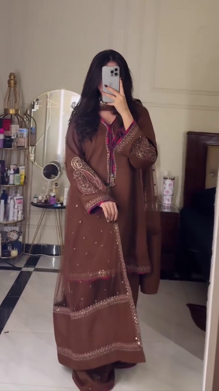 Brown Embroidered Kurta, Sharara & Net Dupatta Set — Classic Elegance with Festive Charm