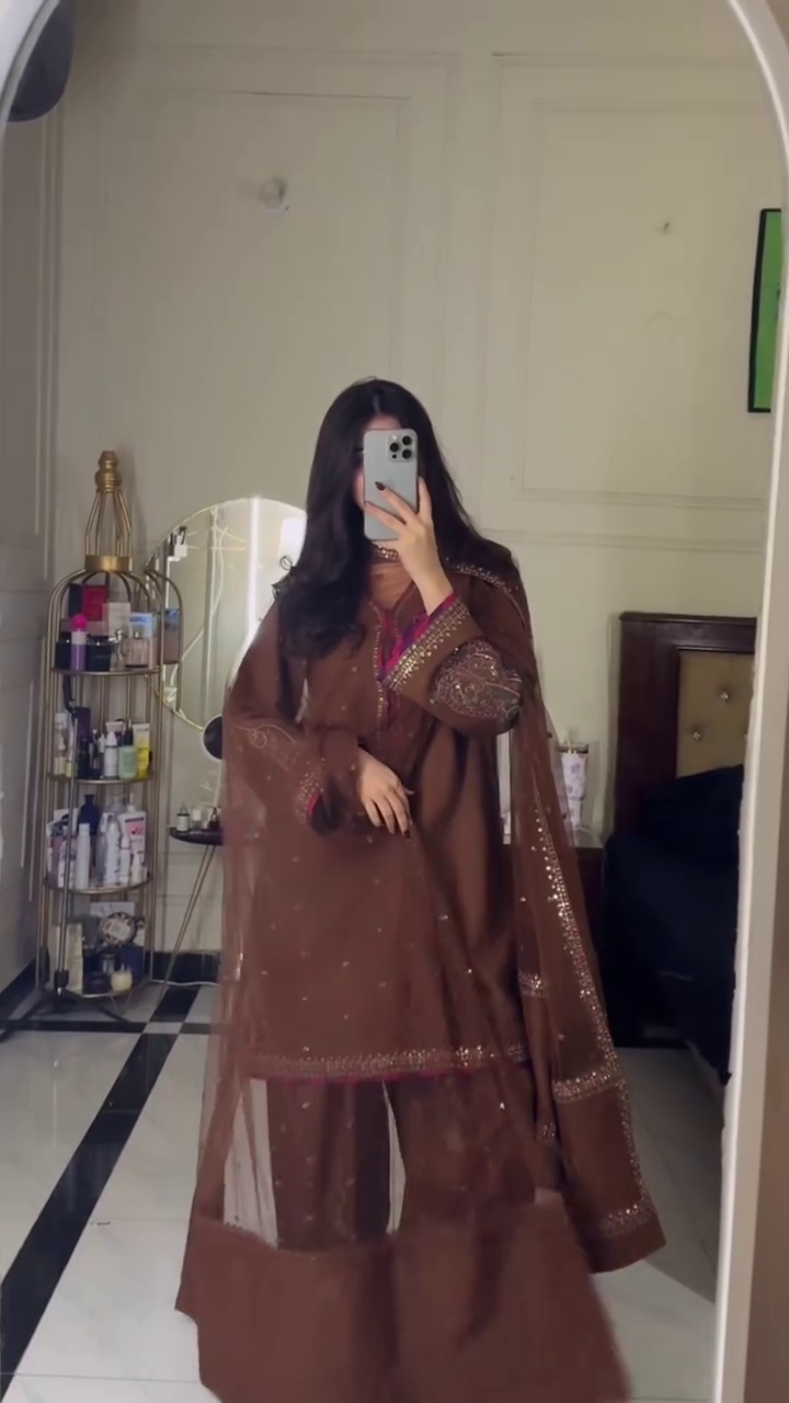 Brown Embroidered Kurta, Sharara & Net Dupatta Set — Classic Elegance with Festive Charm
