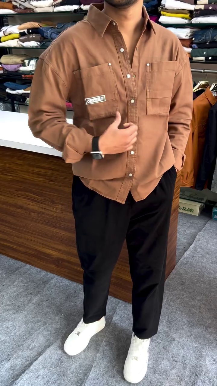 Orange Cotton Oversized Shirt with Dual Front Pockets — Bold Comfort, Everyday Ease