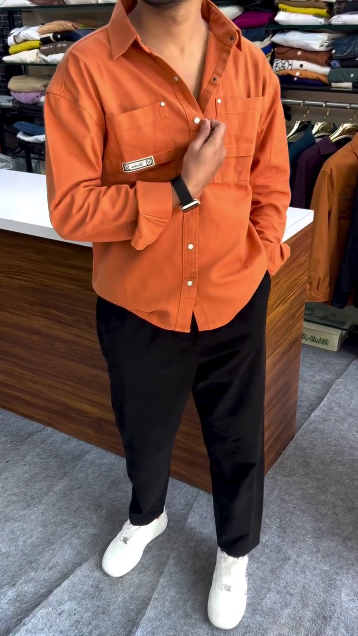 Orange Cotton Oversized Shirt with Dual Front Pockets — Bold Comfort, Everyday Ease