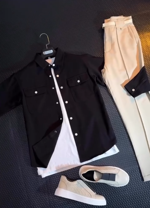 Smart Casual Done Right: Blue Shirt Layered Look for Men 💙⚫🤍