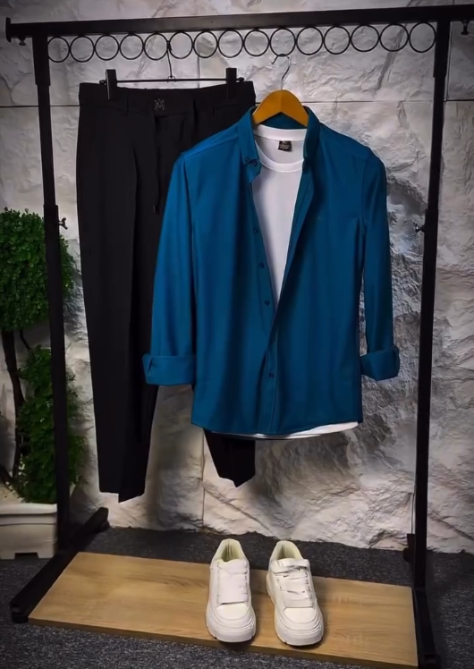 Smart Casual Done Right: Blue Shirt Layered Look for Men 💙⚫🤍