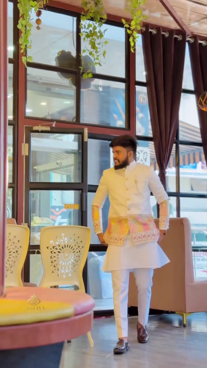 White Kurta Pajama Set with Decorative Jacket — Traditional Elegance with Modern Flair