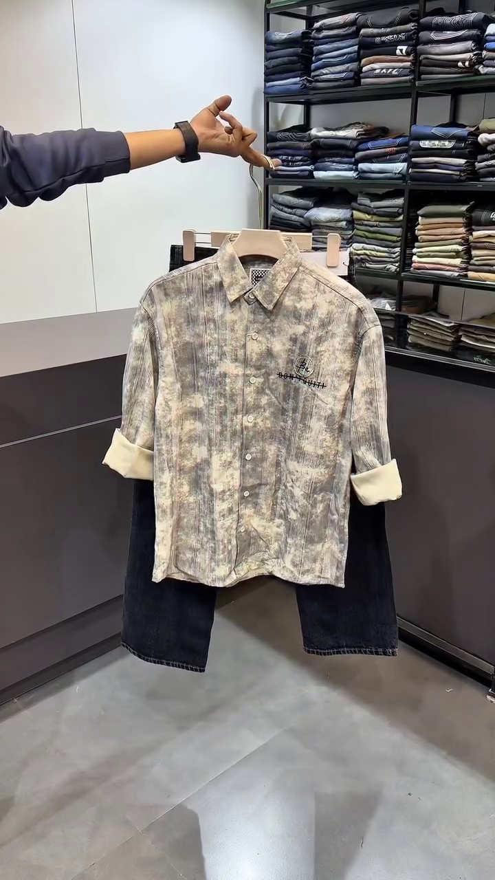 Men’s Blue & White Ombre Denim Shirt with Texted Chest Pockets & Jeans — Casual Streetwear Vibes