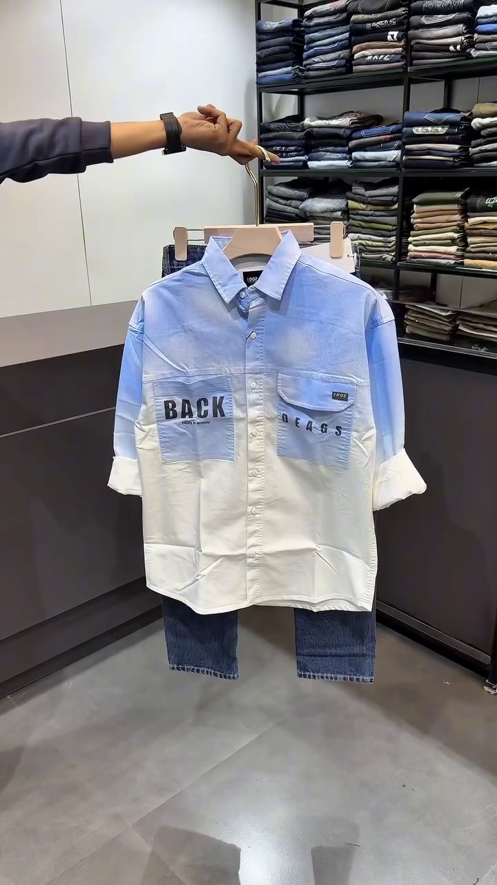 Men’s Blue & White Ombre Denim Shirt with Texted Chest Pockets & Jeans — Casual Streetwear Vibes