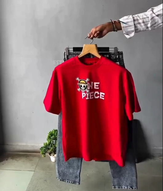 Bold Anime Streetwear: One Piece Oversized Tee with Charcoal Denim 🔴🏴‍☠️⚫