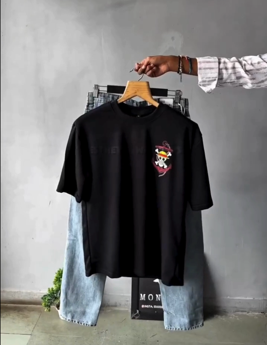 Bold Anime Streetwear: One Piece Oversized Tee with Charcoal Denim 🔴🏴‍☠️⚫