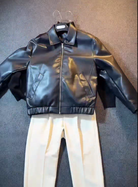 Korean Street Style Edge: Black Faux Leather Bomber Jacket with Korean Pants 🖤🇰🇷