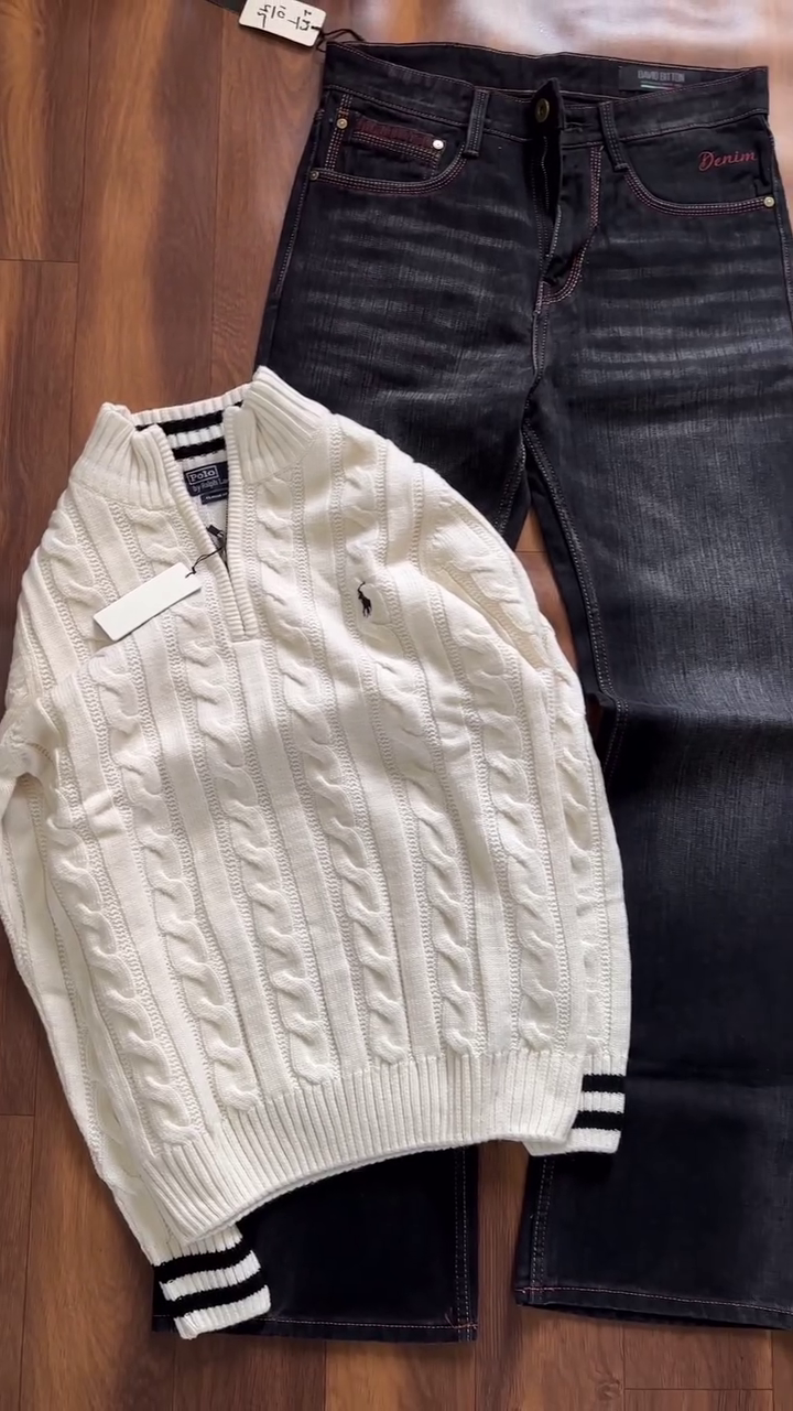 🧶 Classic Comfort Meets Timeless Style: Polo Ralph Lauren Men’s Cable-Knit Sweater & Denim Combo 👖✨