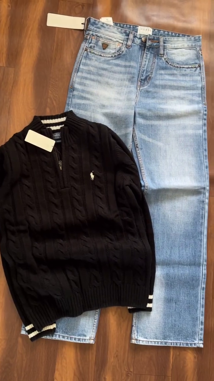 🧶 Classic Comfort Meets Timeless Style: Polo Ralph Lauren Men’s Cable-Knit Sweater & Denim Combo 👖✨