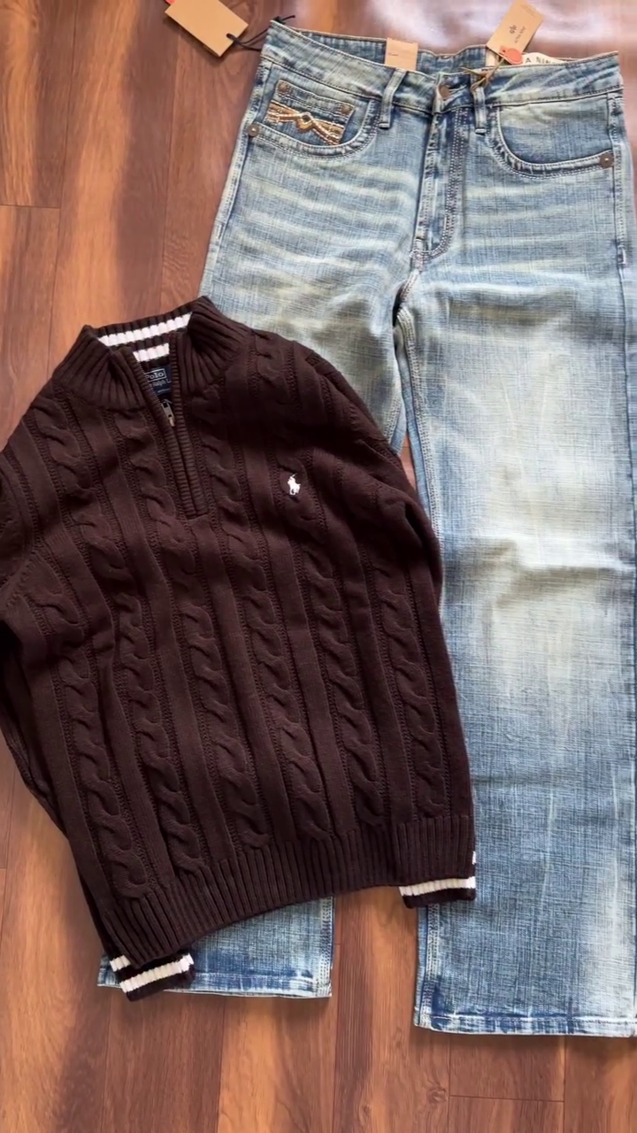 🧶 Classic Comfort Meets Timeless Style: Polo Ralph Lauren Men’s Cable-Knit Sweater & Denim Combo 👖✨