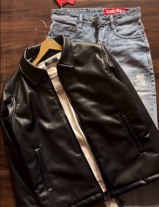 🖤 Effortless Edge: Black Faux-Leather Jacket & Denim Jeans Combo 👖🧥