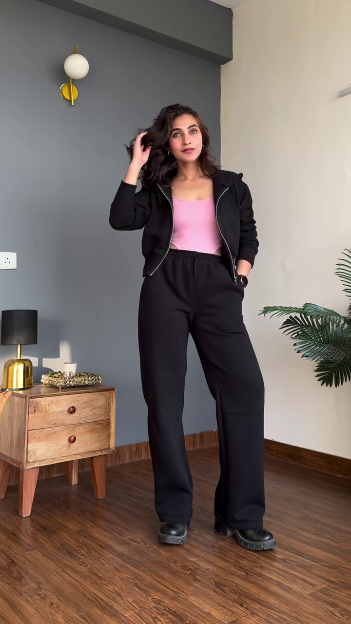 Women’s Black Solid Hooded Jacket with Track Pants – Sporty, Comfortable, and Effortlessly Stylish