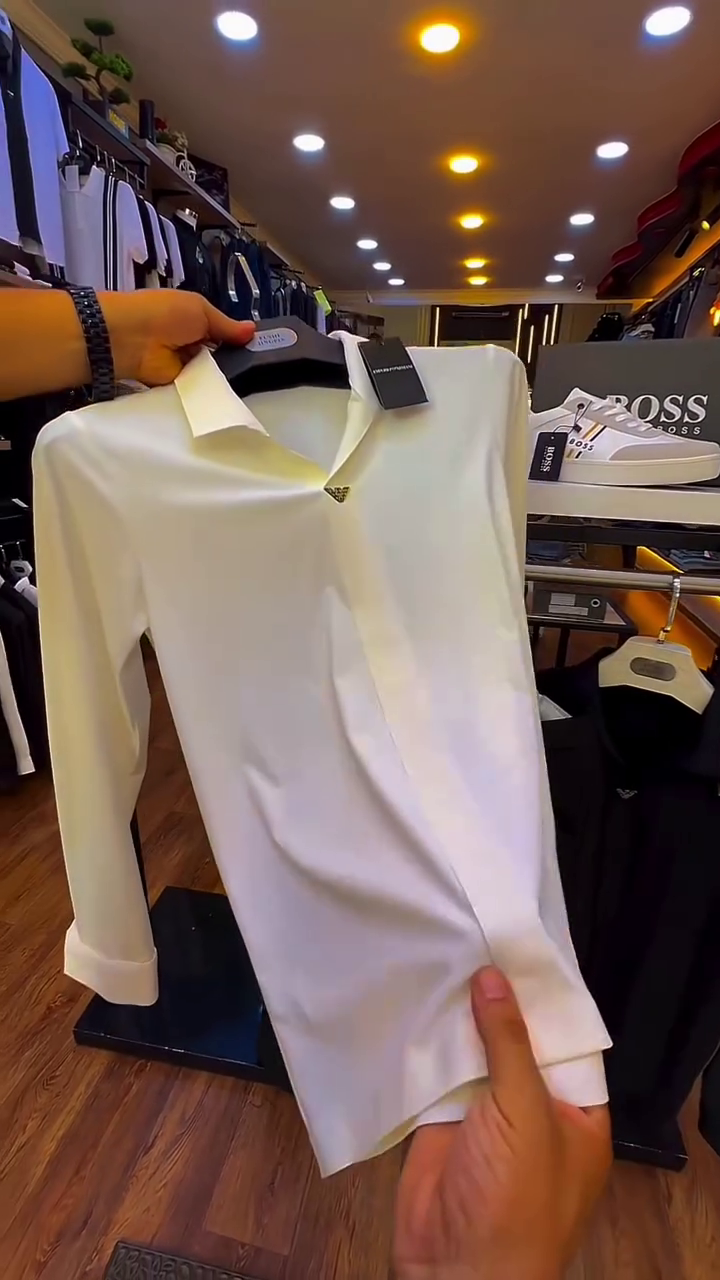 🤍 Elegant All-White Ensemble: BOSS Long-Sleeve Shirt & Emporio Armani Trousers ✨👔