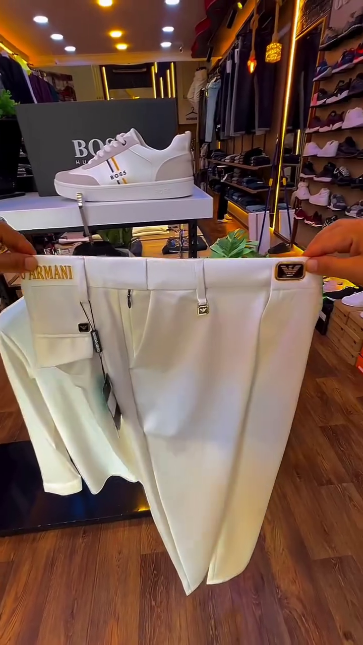 🤍 Elegant All-White Ensemble: BOSS Long-Sleeve Shirt & Emporio Armani Trousers ✨👔