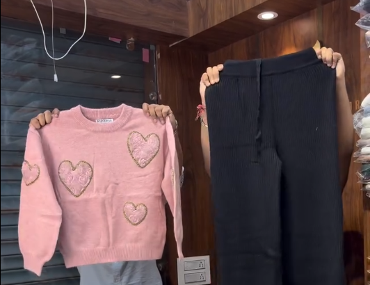 💖 Cozy & Cute: Women’s Heart Pullover Sweater with Brown Trousers 🍂👖