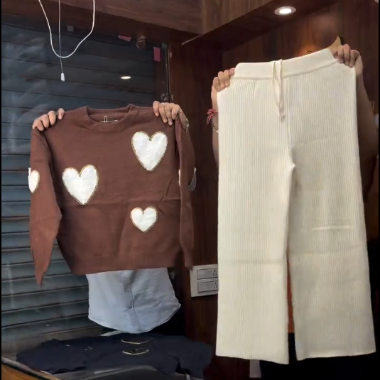 💖 Cozy & Cute: Women’s Heart Pullover Sweater with Brown Trousers 🍂👖