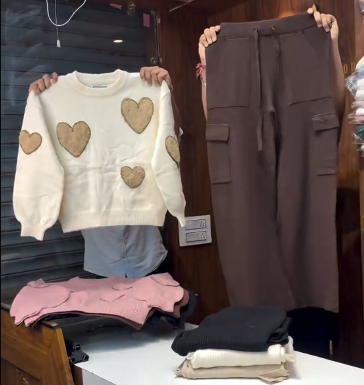 💖 Cozy & Cute: Women’s Heart Pullover Sweater with Brown Trousers 🍂👖