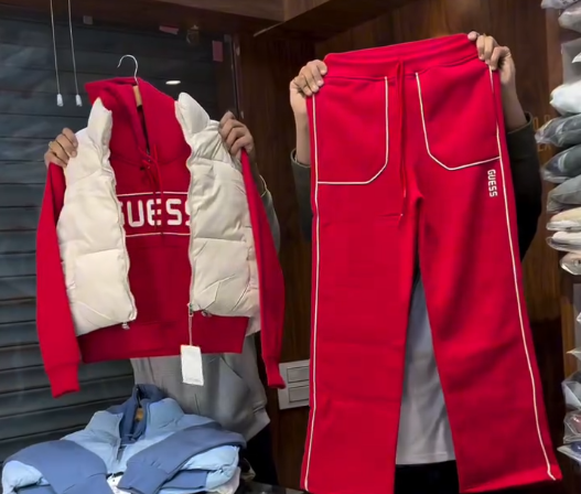 🔥 Bold & Sporty: Red & White Guess Apparel Set – Hoodie, Vest & Track Pants 🏃‍♂️💥