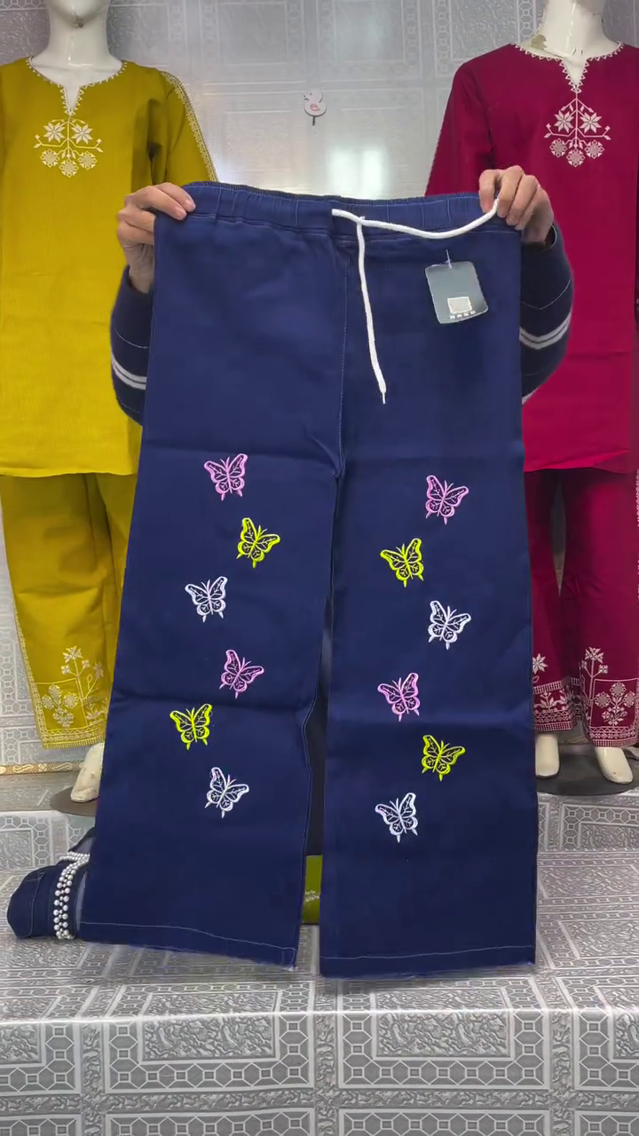 Trendy 3-Piece Fusion Set: Butterfly Wide-Leg Pants + Embroidered Kurti + Pearl Denim Shirt