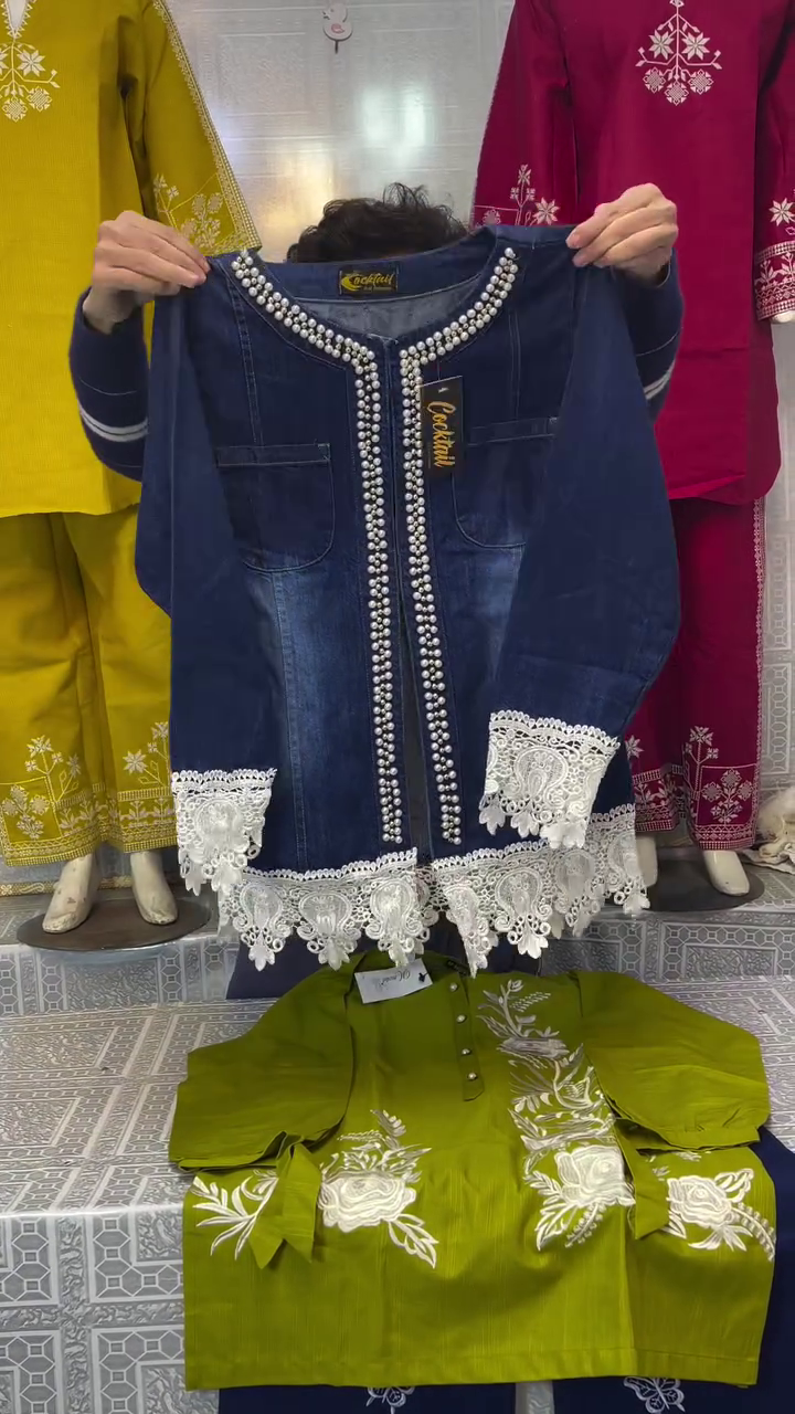 Trendy 3-Piece Fusion Set: Butterfly Wide-Leg Pants + Embroidered Kurti + Pearl Denim Shirt