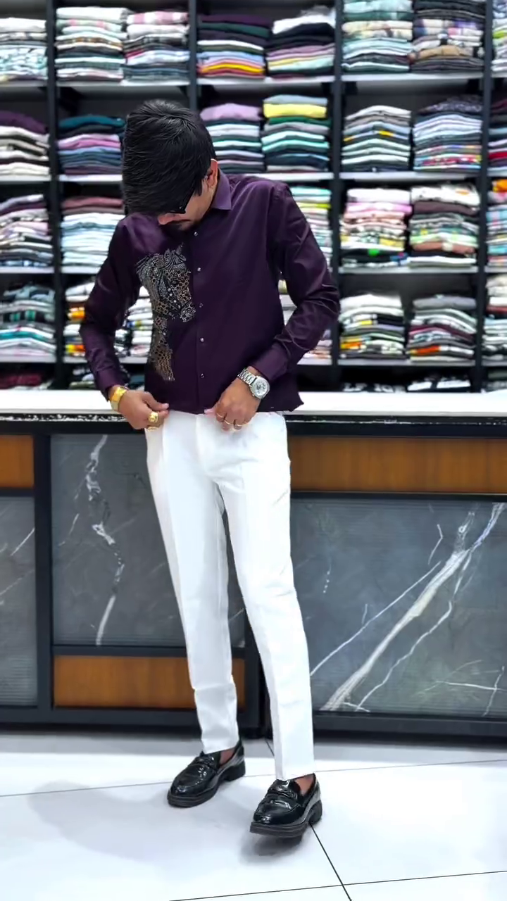 Sharp & Sophisticated: Dark Plum Dress Shirt with White Slim-Fit Trousers – A Complete Classy Look