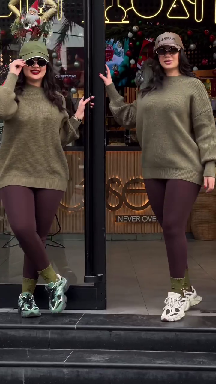 Winter Street-Style Goals: Cozy Brown Oversized Sweater with Beige Leggings – The Perfect Casual Chic Look