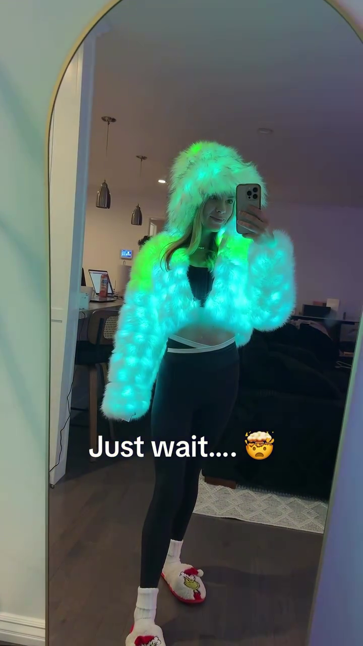 Glow-Up Winter Vibes: LED Rainbow Faux Fur Jacket & Matching Fluffy Hat – The Ultimate Party Statement Look