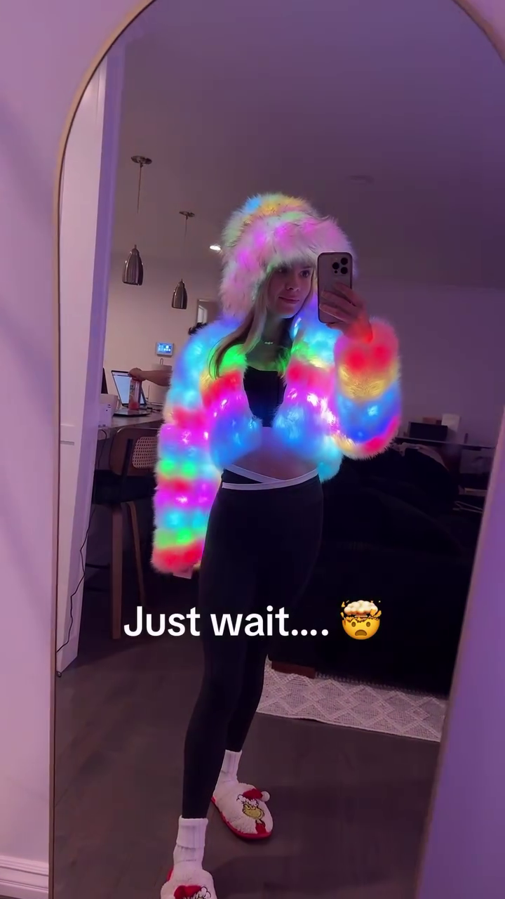 Glow-Up Winter Vibes: LED Rainbow Faux Fur Jacket & Matching Fluffy Hat – The Ultimate Party Statement Look