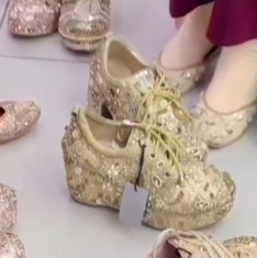 Luxury Golden Party Shoes: Sparkling Embellished Lace-Up Heels for Weddings & Festive Wear