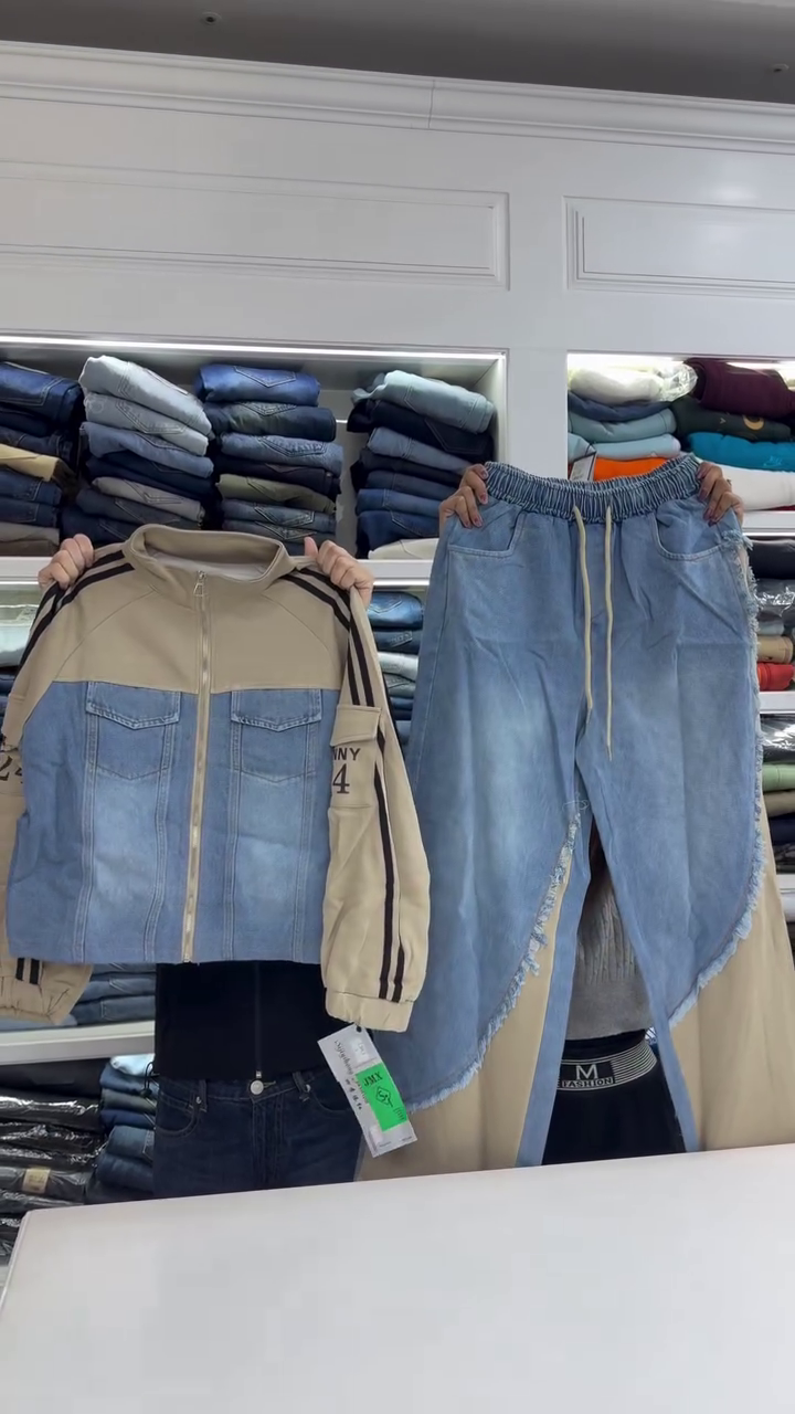 Denim Co-Ord Set Trend: Beige Zip Jacket with Light Blue Denim + Matching Wide-Leg Jogger Jeans