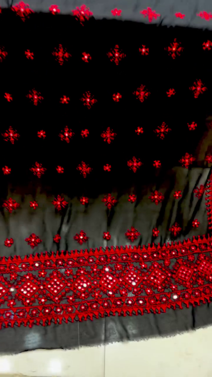 Royal Black Kashmiri Embroidered Dress: Red Threadwork with Mirror Detailing – Perfect Festive & Bridal Wear