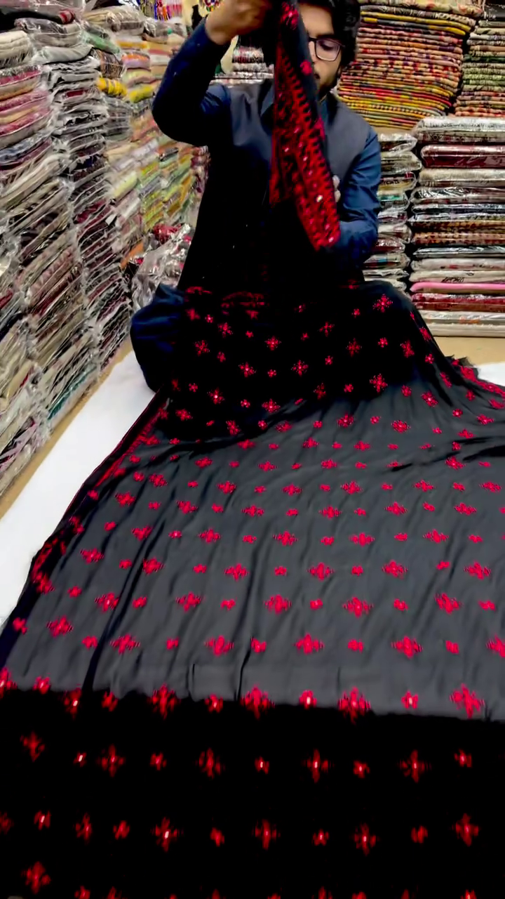 Royal Black Kashmiri Embroidered Dress: Red Threadwork with Mirror Detailing – Perfect Festive & Bridal Wear
