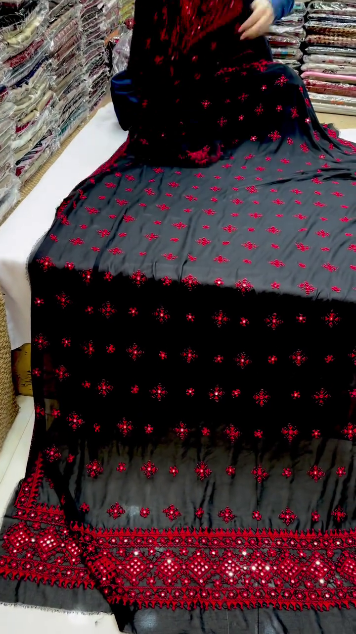 Royal Black Kashmiri Embroidered Dress: Red Threadwork with Mirror Detailing – Perfect Festive & Bridal Wear