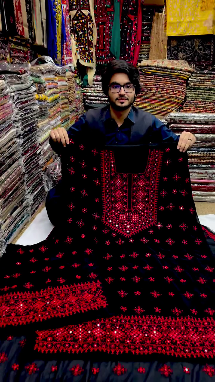 Royal Black Kashmiri Embroidered Dress: Red Threadwork with Mirror Detailing – Perfect Festive & Bridal Wear