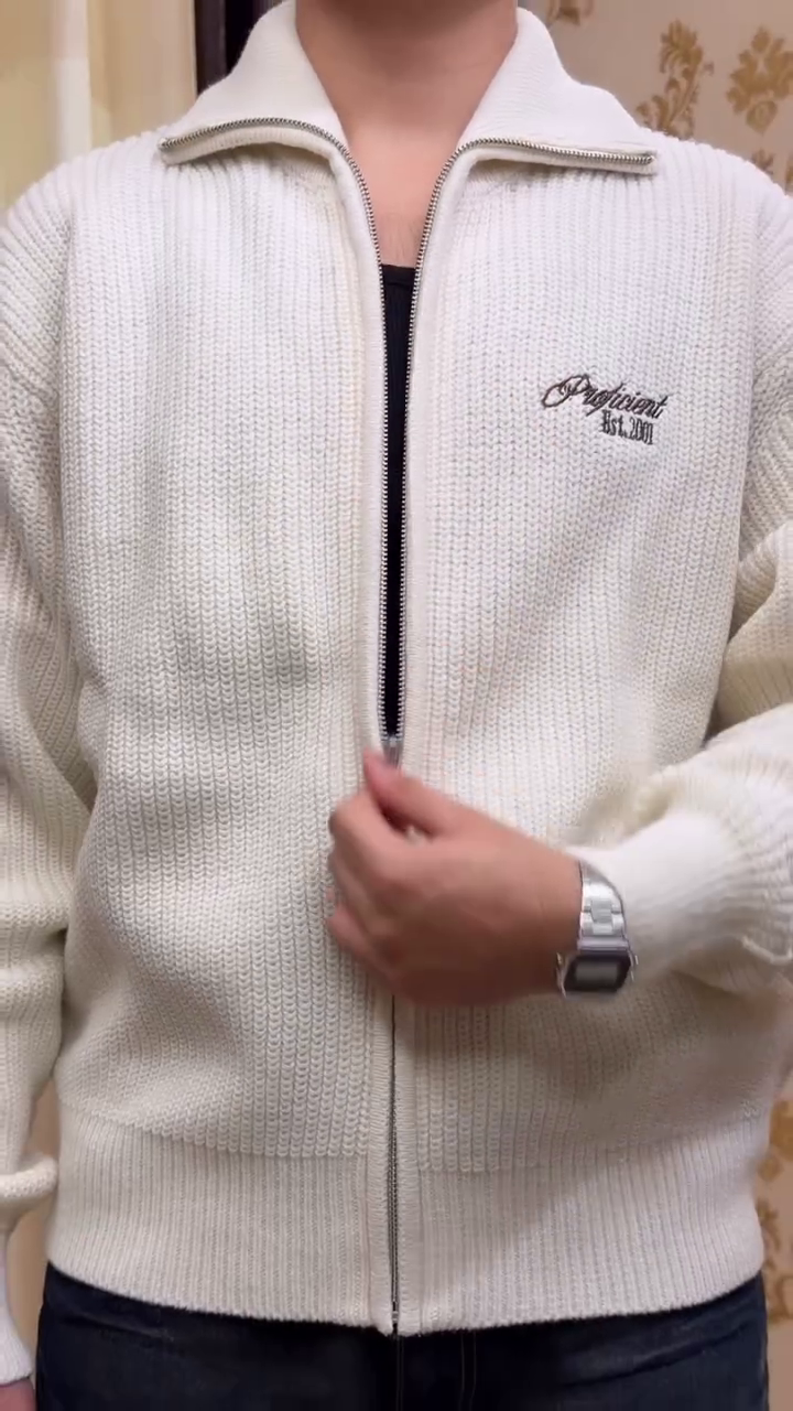 Premium Winter Zip Sweater: Off-White Ribbed Knit Jacket with High Collar – Clean, Classy & Comfortable