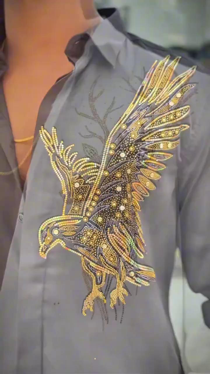 🦅✨ Stone Work Eagle Design White Full Sleeve Shirt – Power Meets Luxury