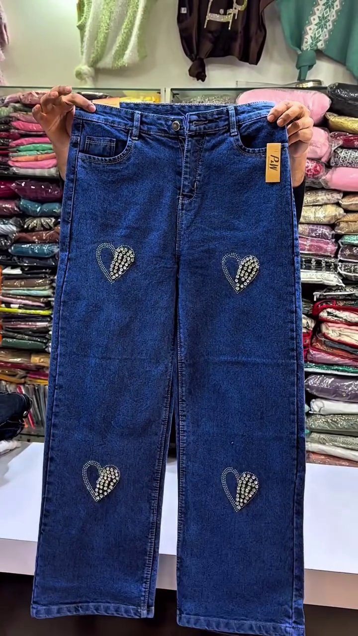 Women’s Blue Wide-Leg Jeans with Rhinestone Heart Embellishments – Bold Style with a Touch of Glam