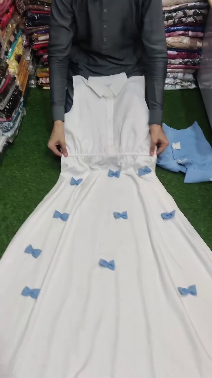Light Blue Top & White Maxi Skirt Two-Piece Set with Bow Details – Elegant Georgette Ensemble