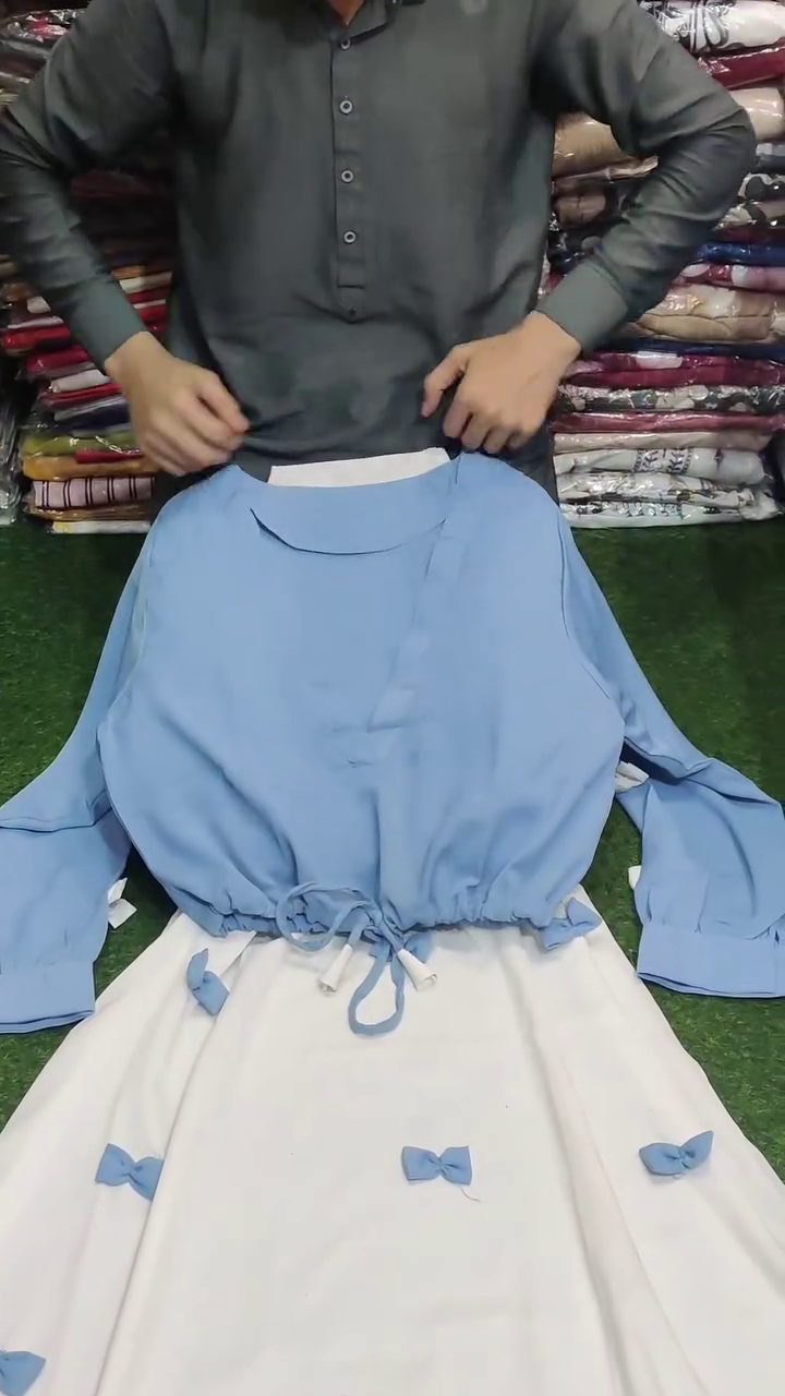 Light Blue Top & White Maxi Skirt Two-Piece Set with Bow Details – Elegant Georgette Ensemble