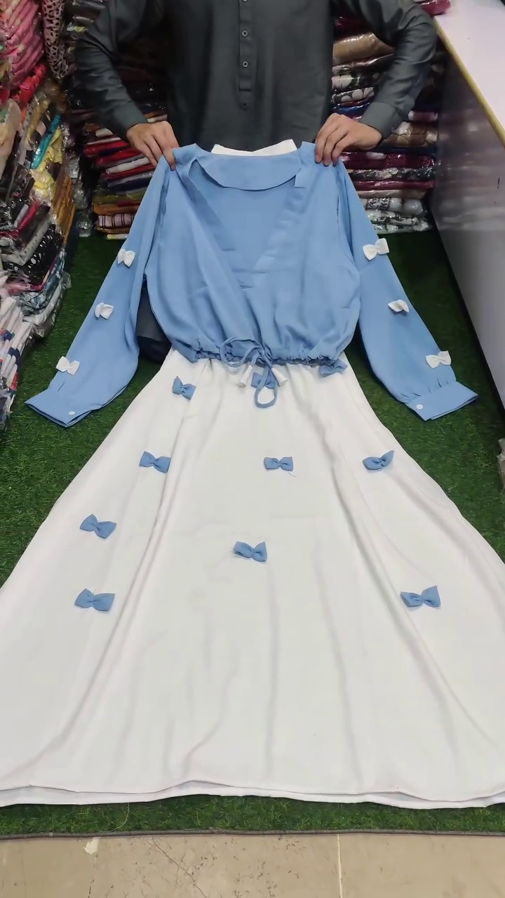 Light Blue Top & White Maxi Skirt Two-Piece Set with Bow Details – Elegant Georgette Ensemble