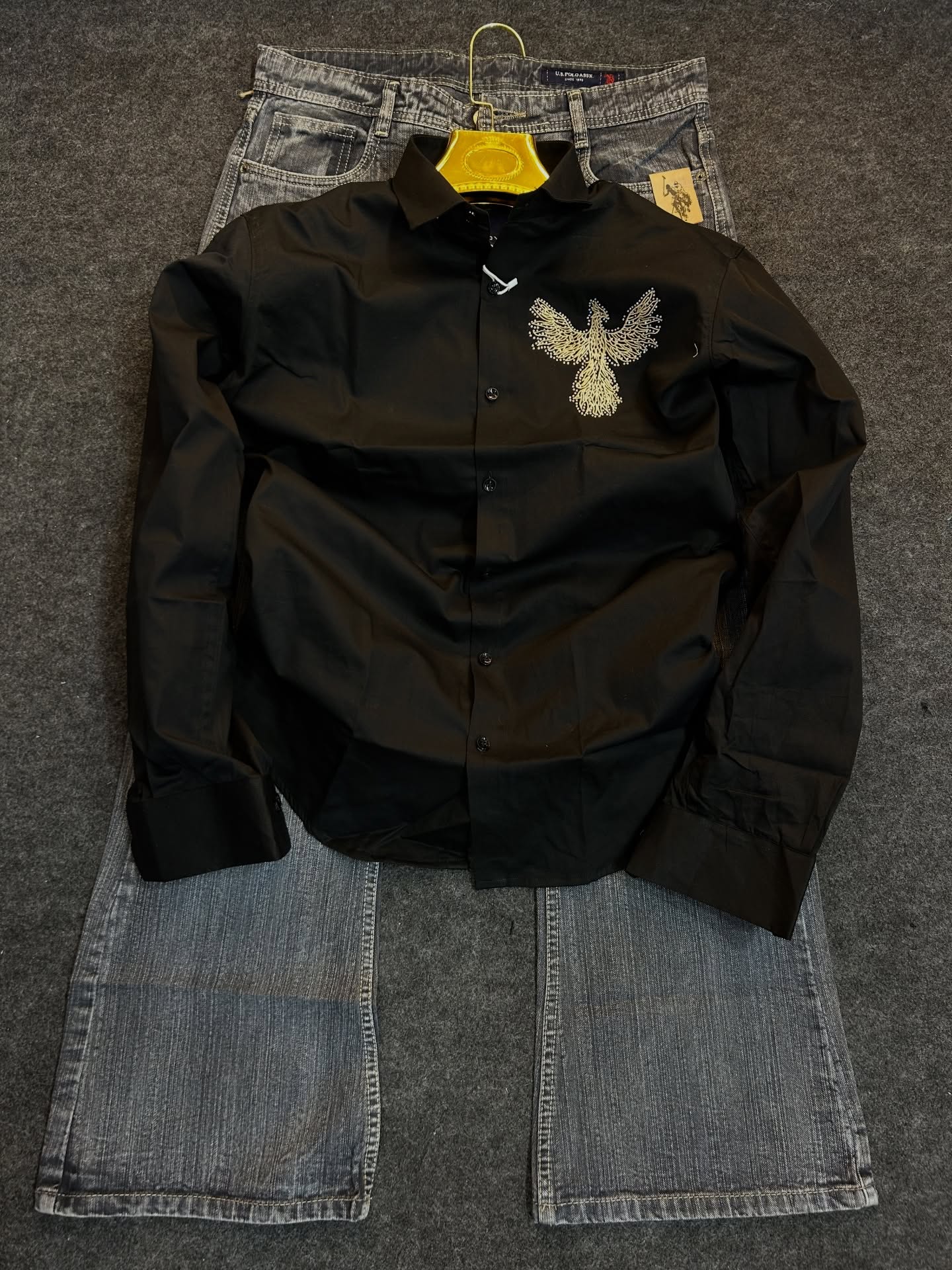 White Embroidered Men’s Shirt with Pants Combo – Gold Phoenix Design for a Regal Look