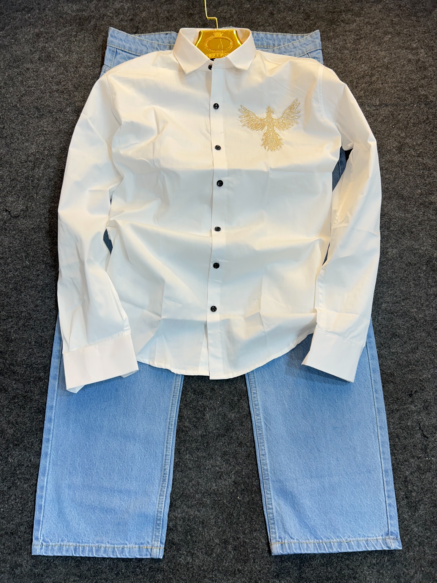 White Embroidered Men’s Shirt with Pants Combo – Gold Phoenix Design for a Regal Look