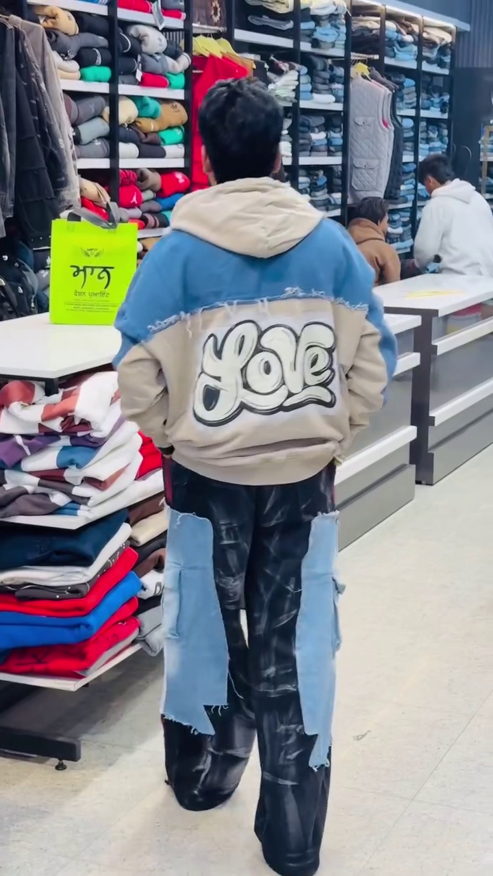 Wide-Leg Patchwork Denim & Velvet Pants with Mickey Mouse Graphic Hoodie – Trendy Casual Set