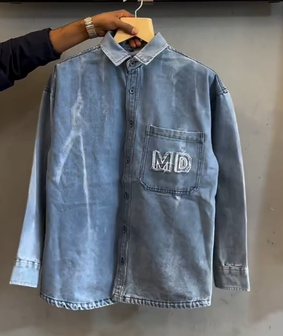 Denim Baggy Shirt with Tie-Dye Wash & Embroidered Pocket Logo – Casual Streetwear Vibes