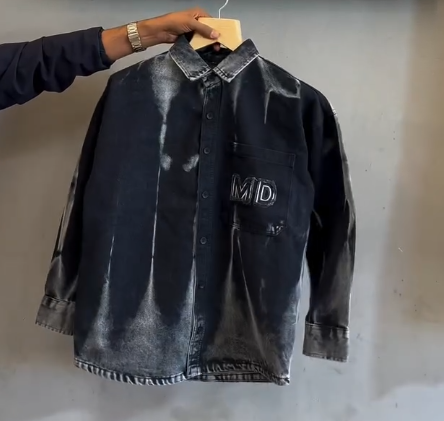 Denim Baggy Shirt with Tie-Dye Wash & Embroidered Pocket Logo – Casual Streetwear Vibes