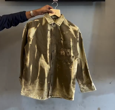 Denim Baggy Shirt with Tie-Dye Wash & Embroidered Pocket Logo – Casual Streetwear Vibes