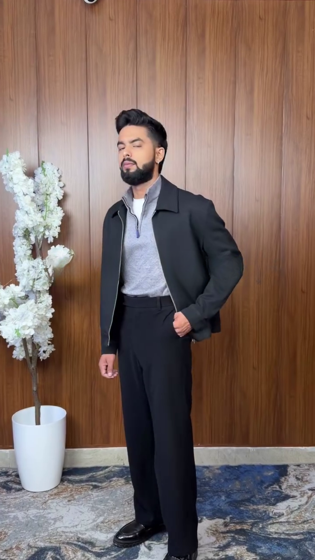 Navy Blue Purl Knit Quarter-Zip Sweater – Classic Smart Casual Essential