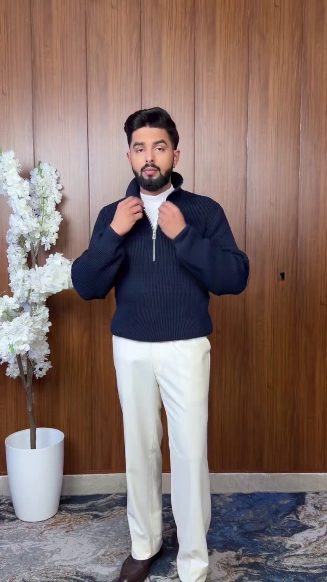 Navy Blue Purl Knit Quarter-Zip Sweater – Classic Smart Casual Essential